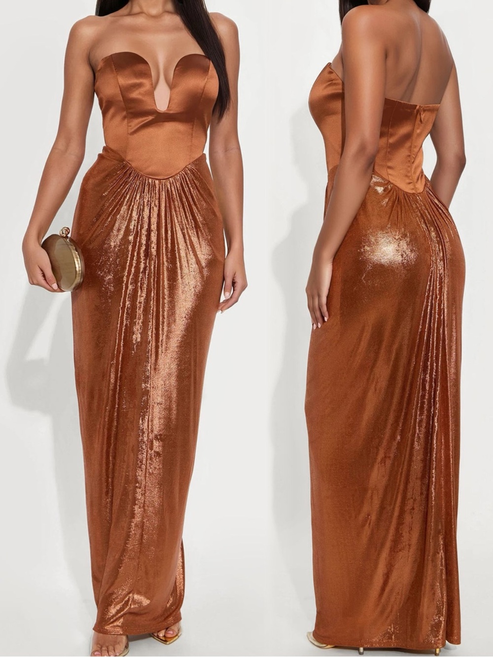 Fashion Nova Cognac Plunge Strapless Metallic Gown